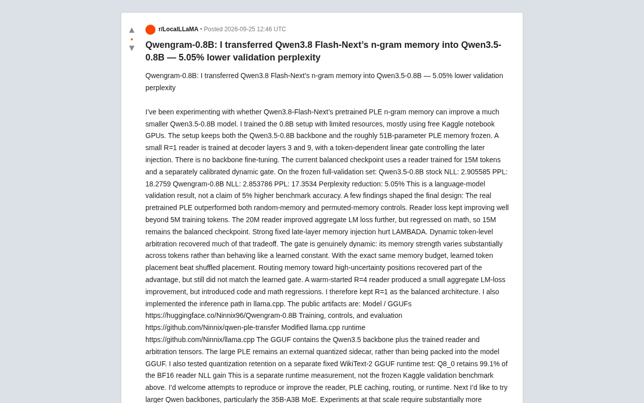 Qwengram-0.8B实验:跨模型迁移n-gram记忆,困惑度降低5.05%