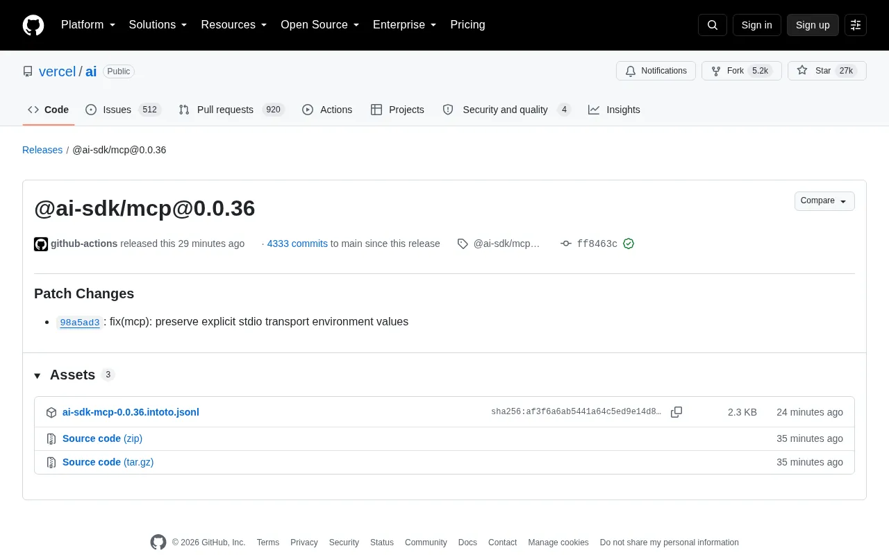 @ai-sdk/mcp@0.0.36 Released: Fix for stdio Transport Environment Variable Issue