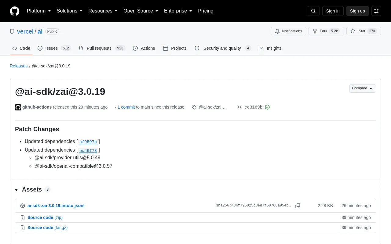Vercel AI SDK Releases @ai-sdk/zai@3.0.19 Patch Update