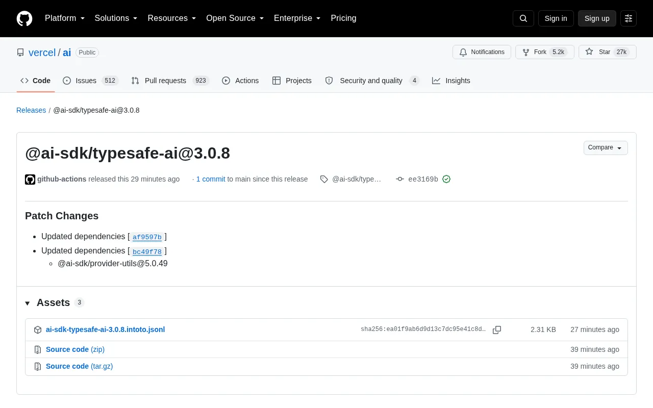 Vercel AI SDK Releases typesafe-ai@3.0.8 Patch Update