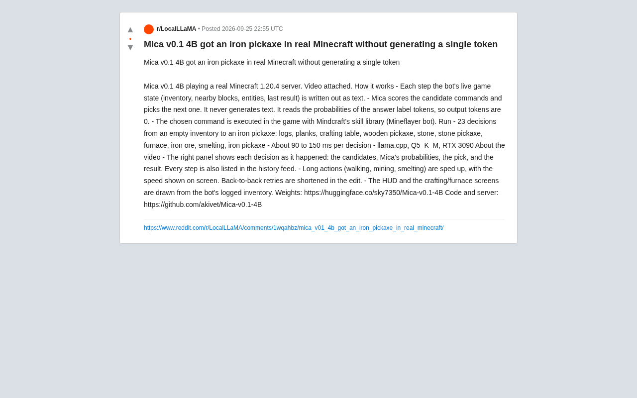 Mica v0.1 4B: Crafting an Iron Pickaxe in Real Minecraft Without Generating a Single Token