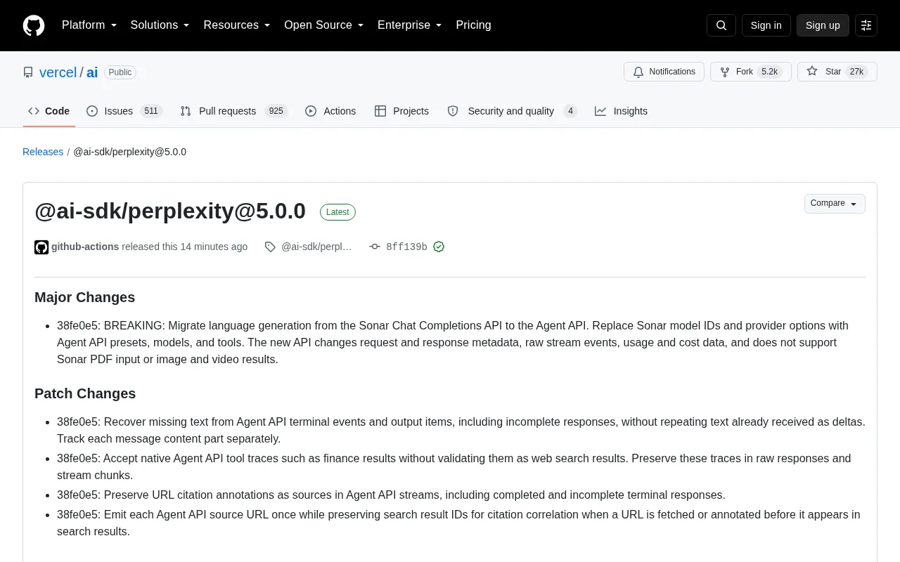 AI SDK Perplexity 5.0.0 Major Update: Migrating from Sonar to Agent API