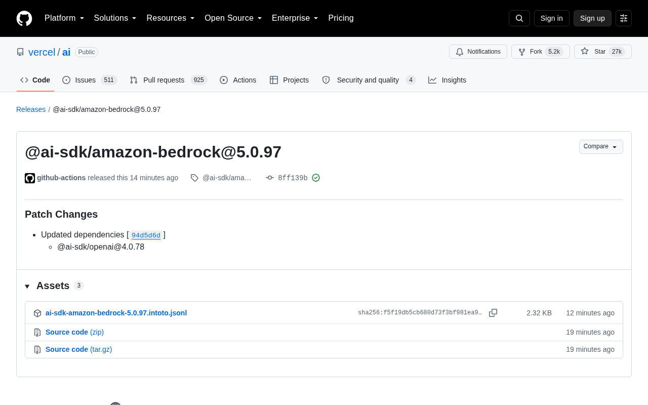 Vercel AI SDK 更新:Amazon Bedrock 5.0.97 发布