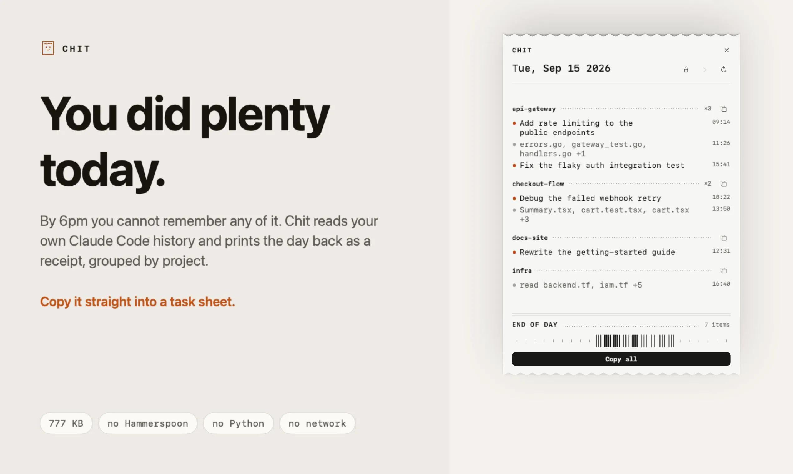 Chit: Print Your Day in Claude Code as a Receipt
