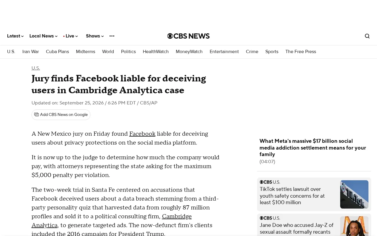 Jury Rules Facebook Deceived Users in Cambridge Analytica Case