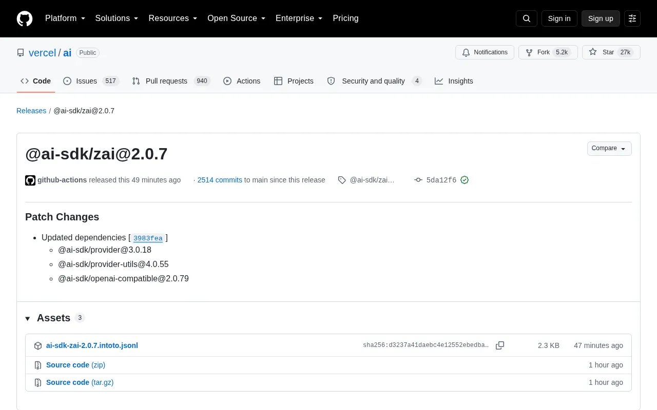 @ai-sdk/zai 2.0.7 Released: A Dependency Sync Patch Update