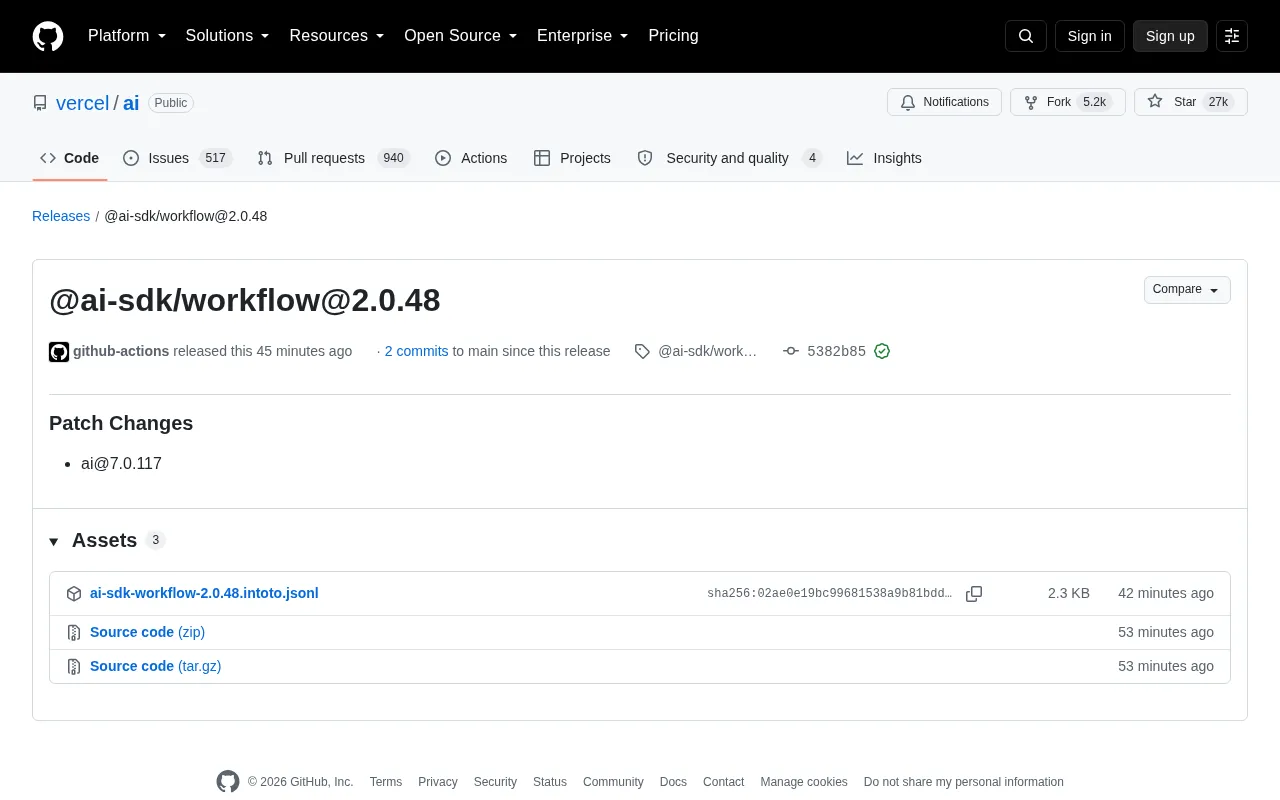 Vercel AI SDK Releases @ai-sdk/workflow 2.0.48 Patch Update
