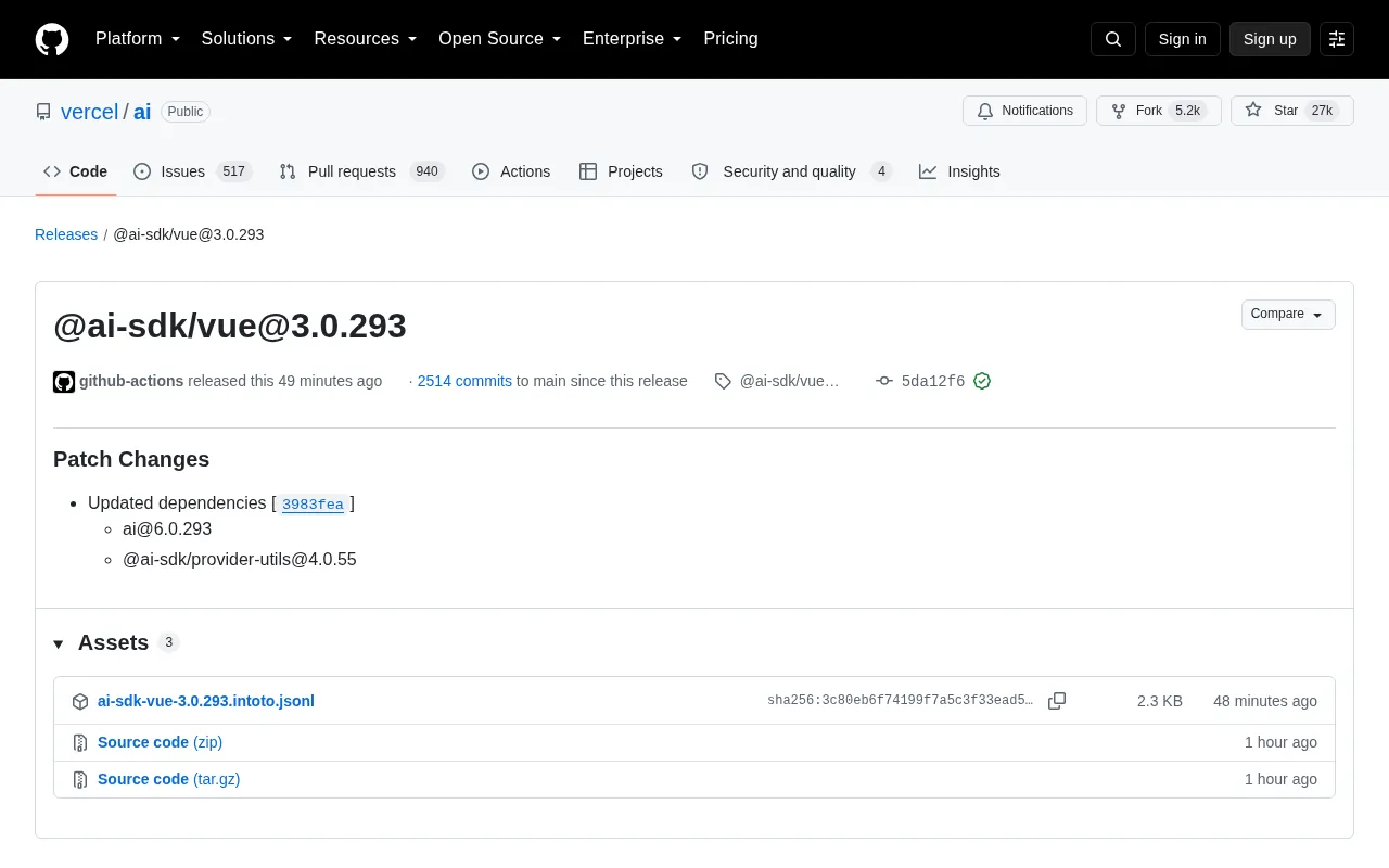 @ai-sdk/vue@3.0.293 Released: A Breakdown of Vercel AI SDK Dependency Updates