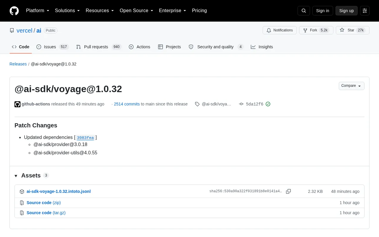 @ai-sdk/voyage 1.0.32 Released: A Dependency-Update Patch