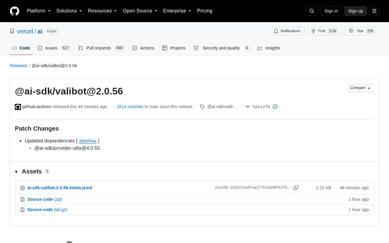 @ai-sdk/valibot 2.0.56 Released: Dependency Update Patch