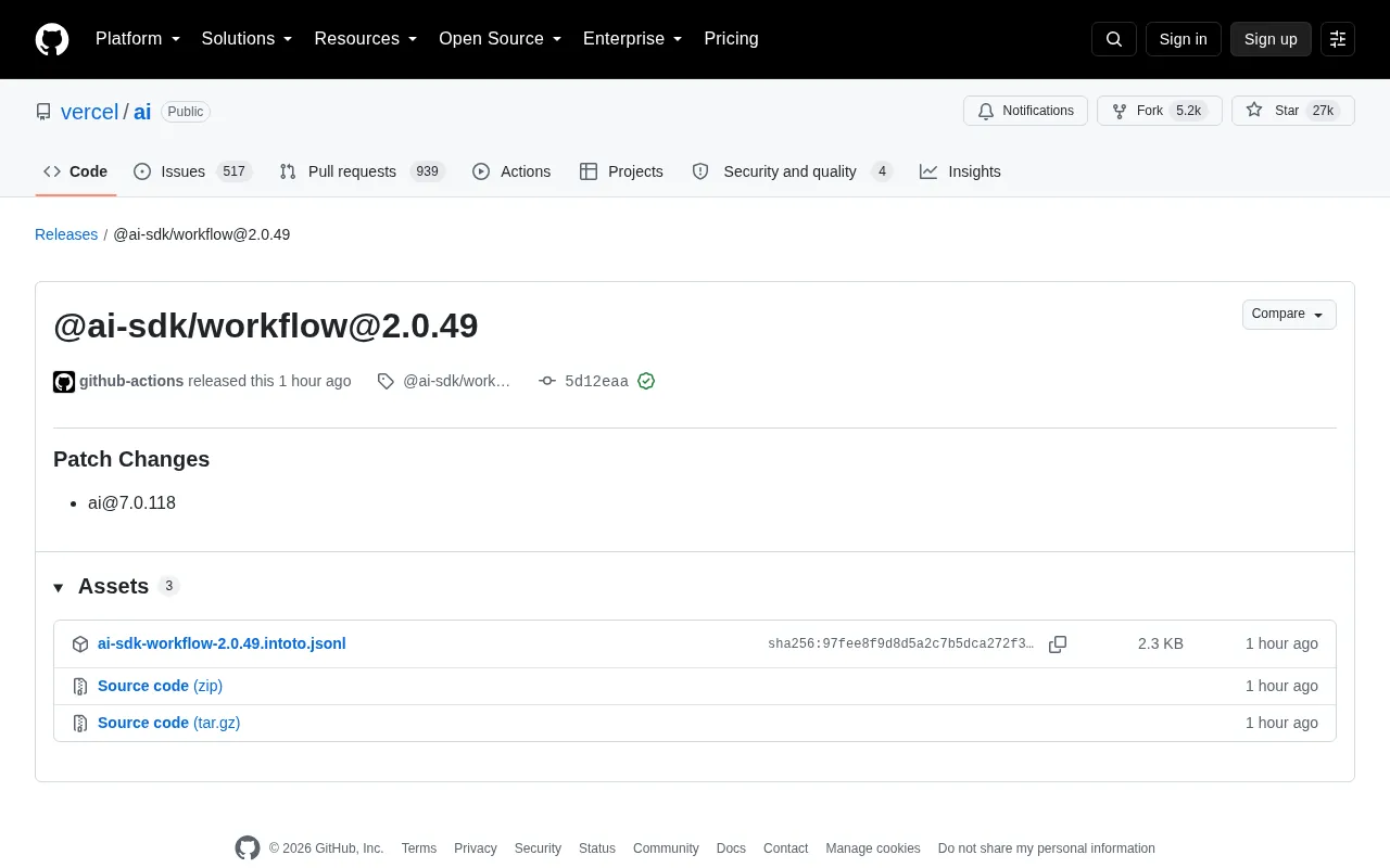 Vercel AI SDK Releases @ai-sdk/workflow 2.0.49 Patch Update