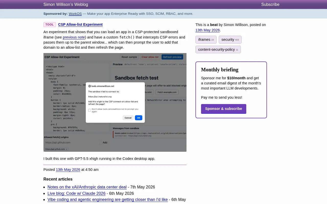 CSP Allow-list Experiment: A New Approach to Dynamic Domain Authorization via Sandboxed iframes