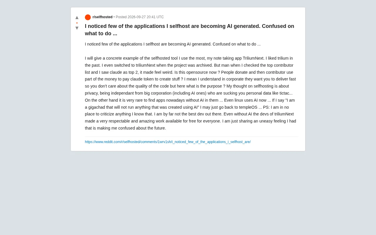 When Self-Hosted Apps Start Using AI to Write Code: A Privacy Enthusiast's Dilemma