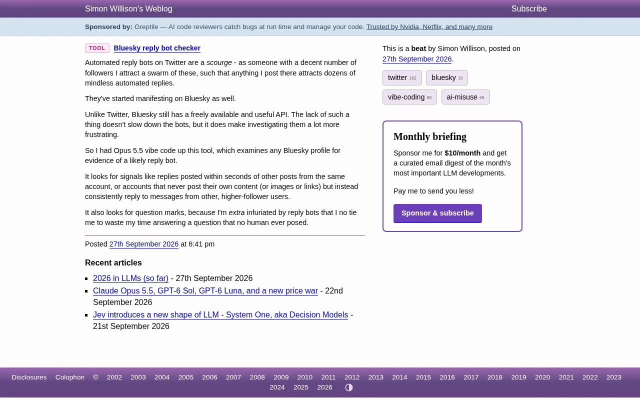 Using AI to Detect Bluesky Reply Bots: Simon Willison's Detection Tool
