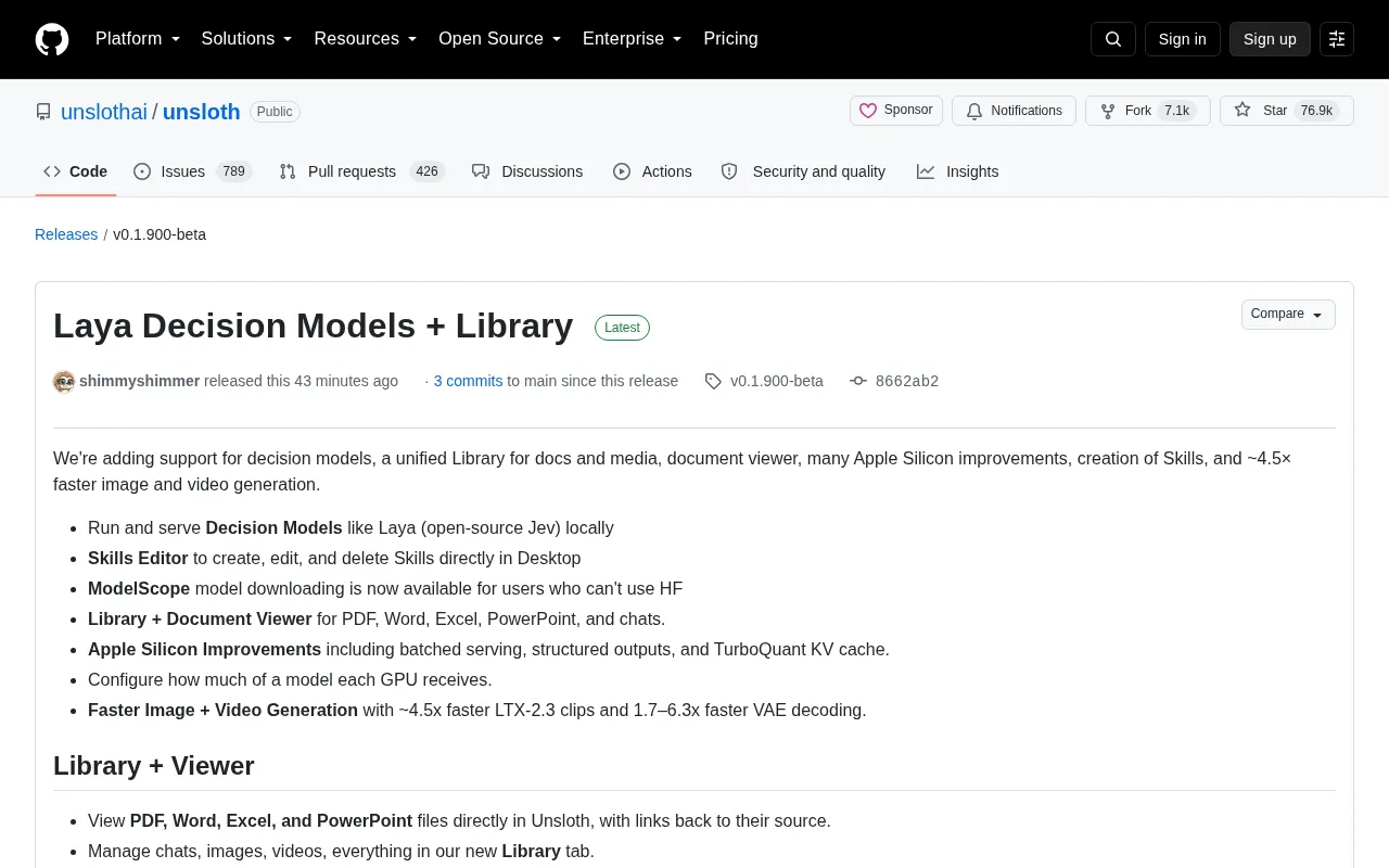 Unsloth 0.1.900 Update: Laya Decision Models and Unified Media Library Now Available