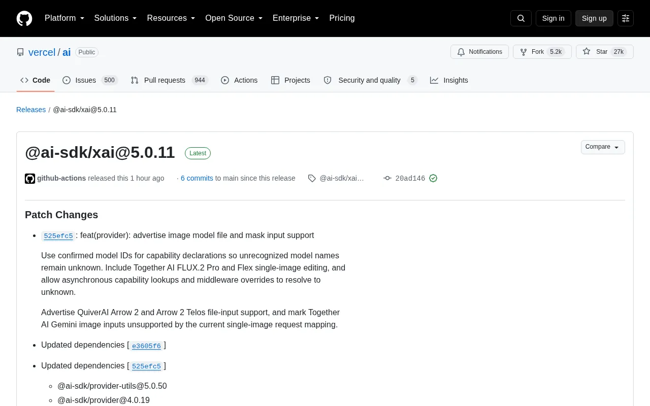Vercel AI SDK Releases @ai-sdk/xai 5.0.11: Upgraded Image Model Capability Advertising