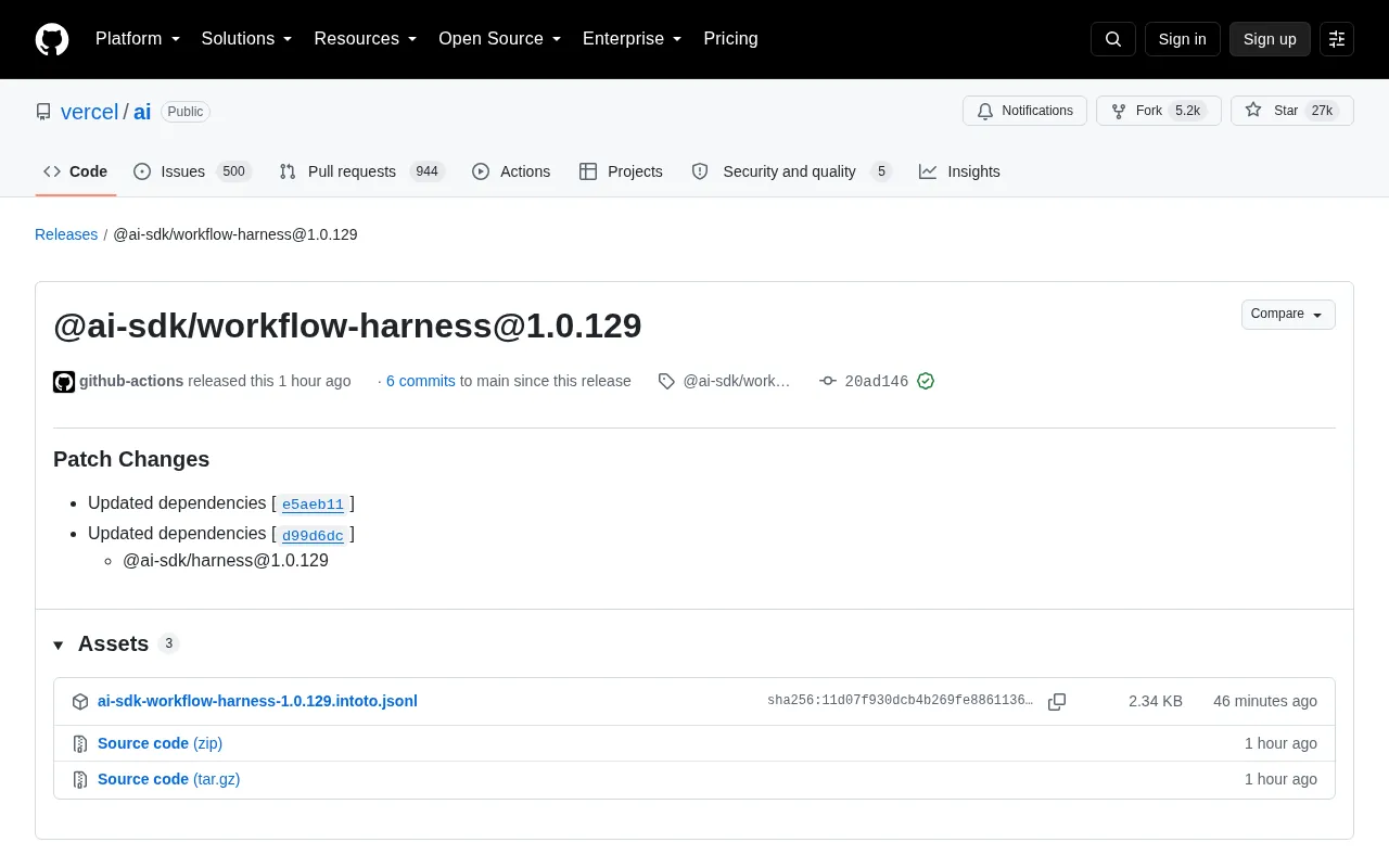 Vercel AI SDK Releases workflow-harness 1.0.129 Patch Update