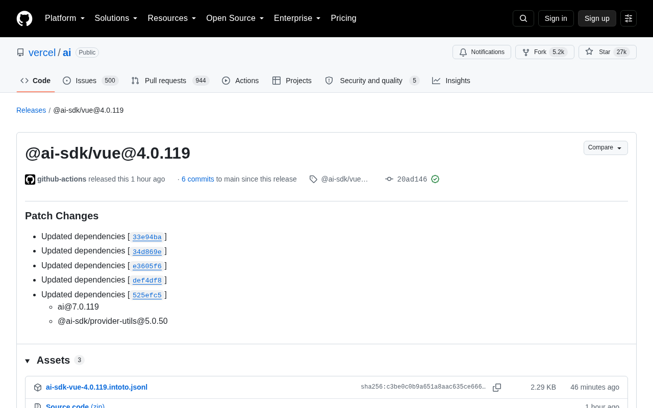 AI SDK for Vue 发布 4.0.119 补丁更新