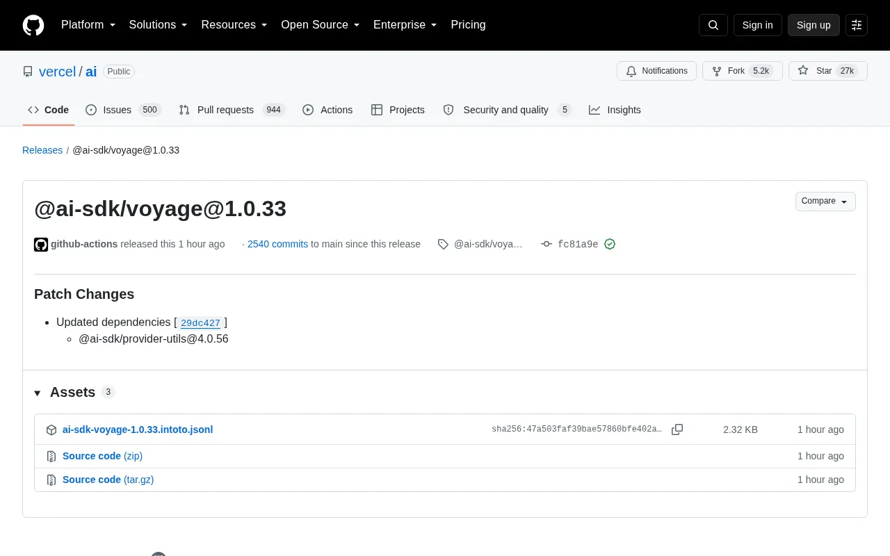 Vercel AI SDK voyage version release page