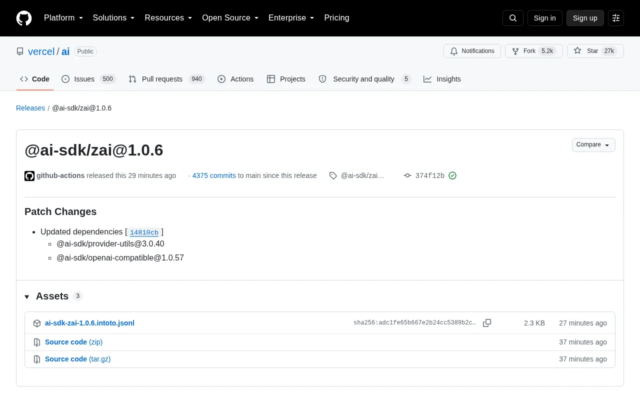 @ai-sdk/zai 1.0.6 Released: Patch Version with Dependency Updates