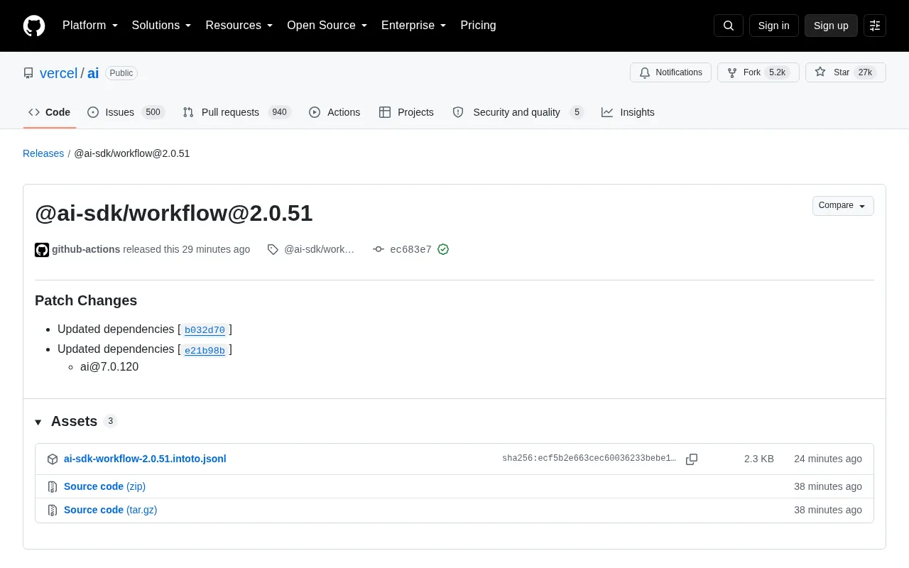 Vercel AI SDK Releases @ai-sdk/workflow@2.0.51 Patch Update