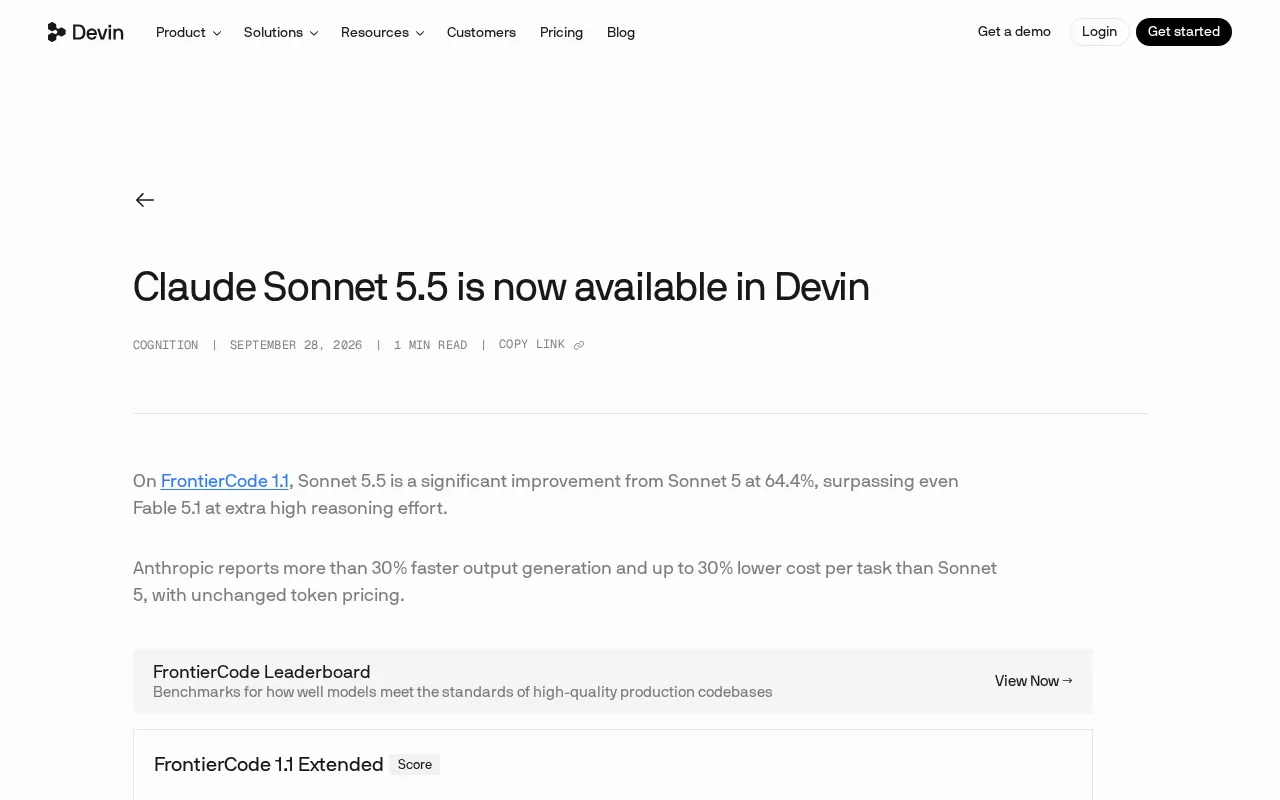 Claude Sonnet 5.5 登陆 Devin:编码性能大幅跃升
