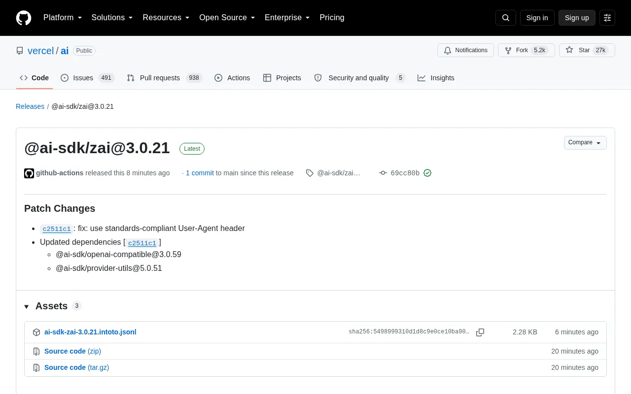 Vercel AI SDK zai package release page