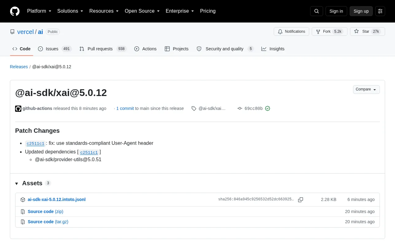 Vercel AI SDK Releases @ai-sdk/xai Version 5.0.12