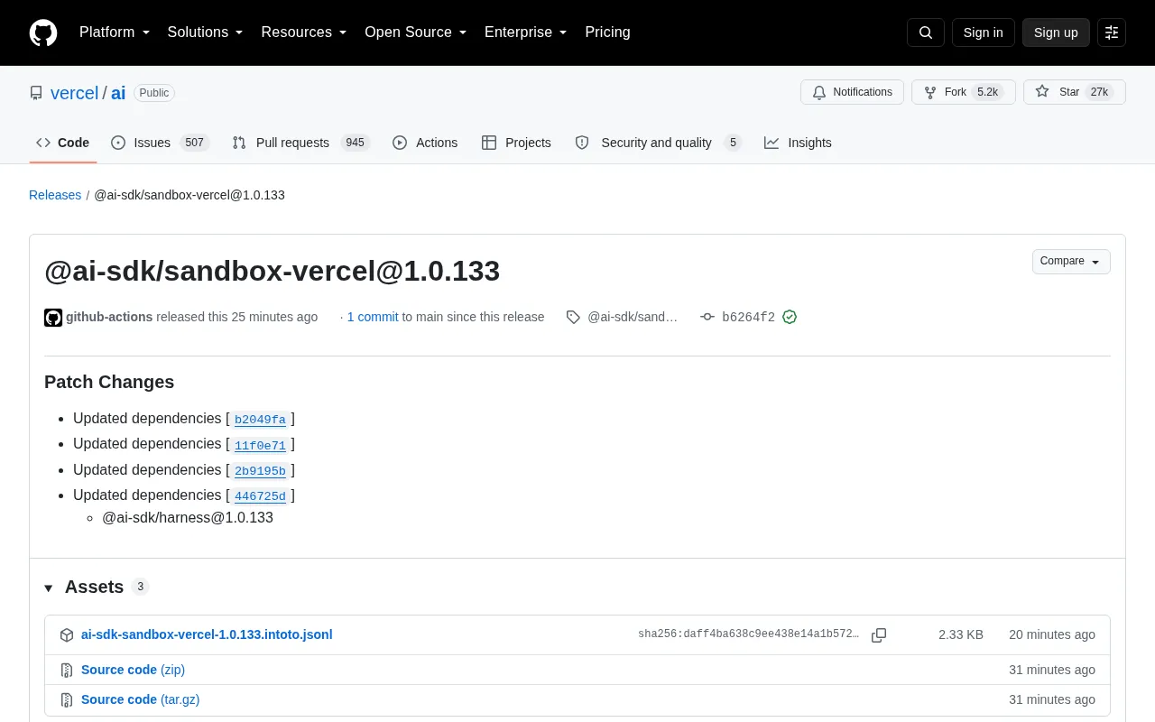 Vercel AI SDK Releases sandbox-vercel 1.0.133 Patch Update
