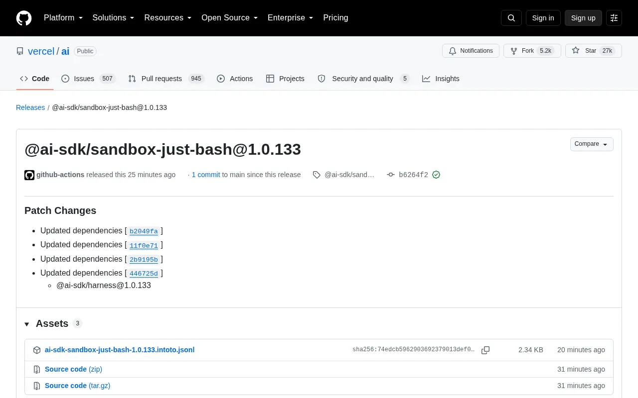 Vercel AI SDK Releases sandbox-just-bash 1.0.133 Patch Update