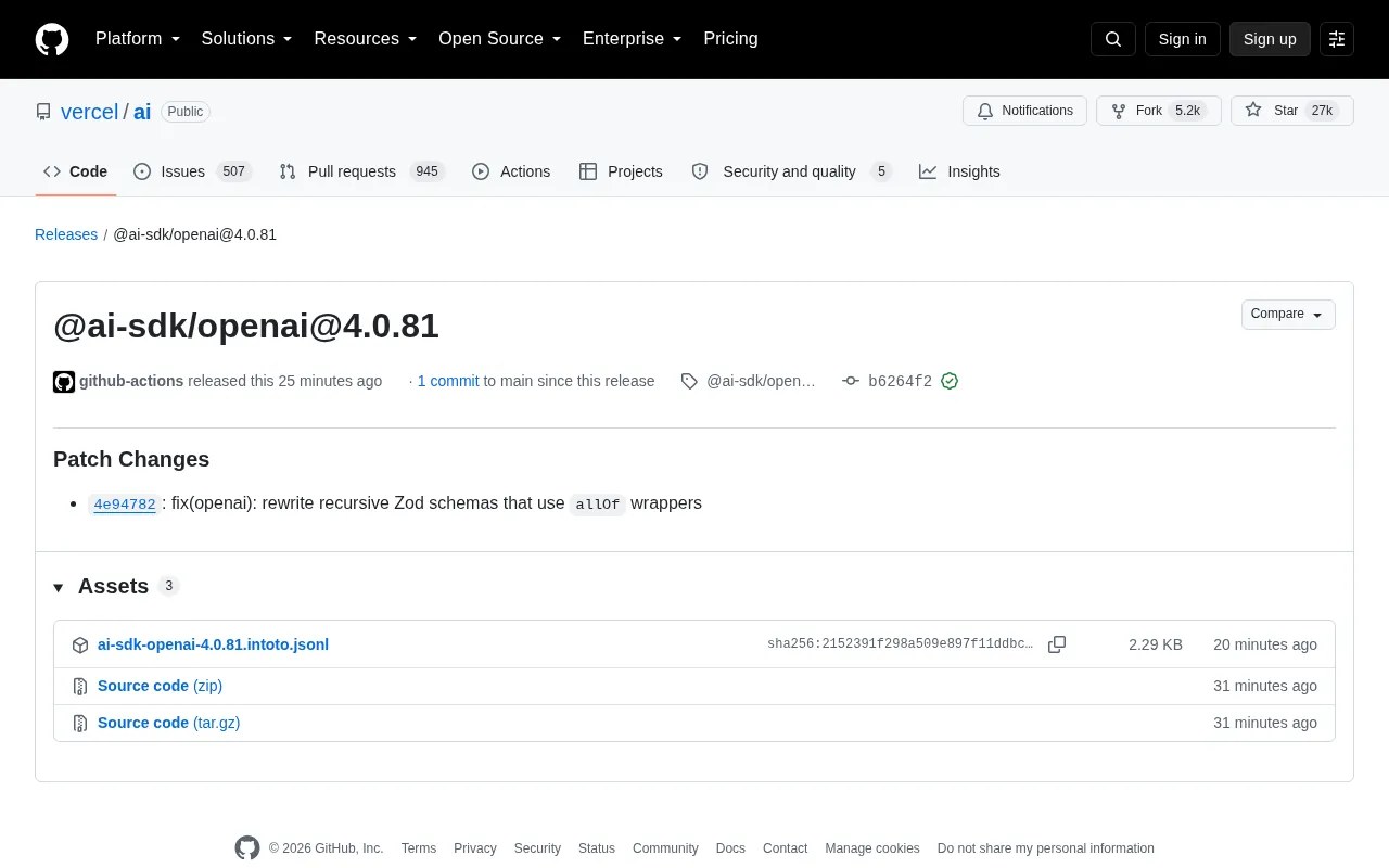 Vercel AI SDK Releases @ai-sdk/openai@4.0.81 Patch Update
