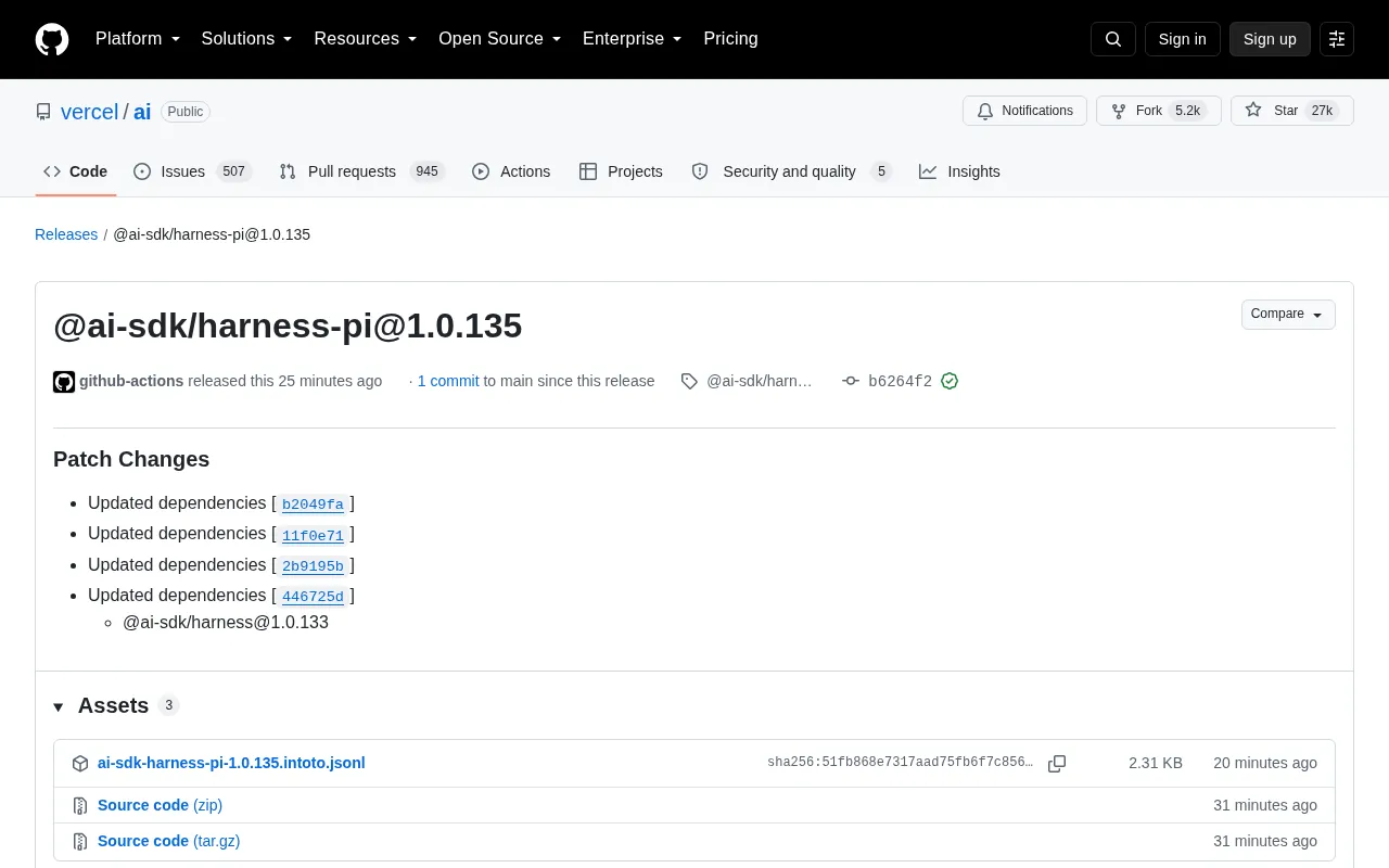 Vercel AI SDK Releases harness-pi 1.0.135 Patch Update
