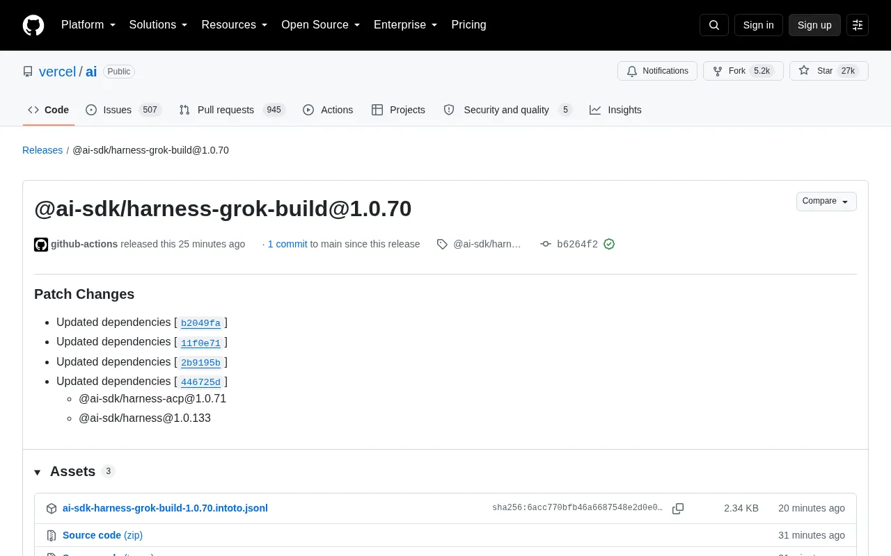 Vercel AI SDK harness-grok-build release page