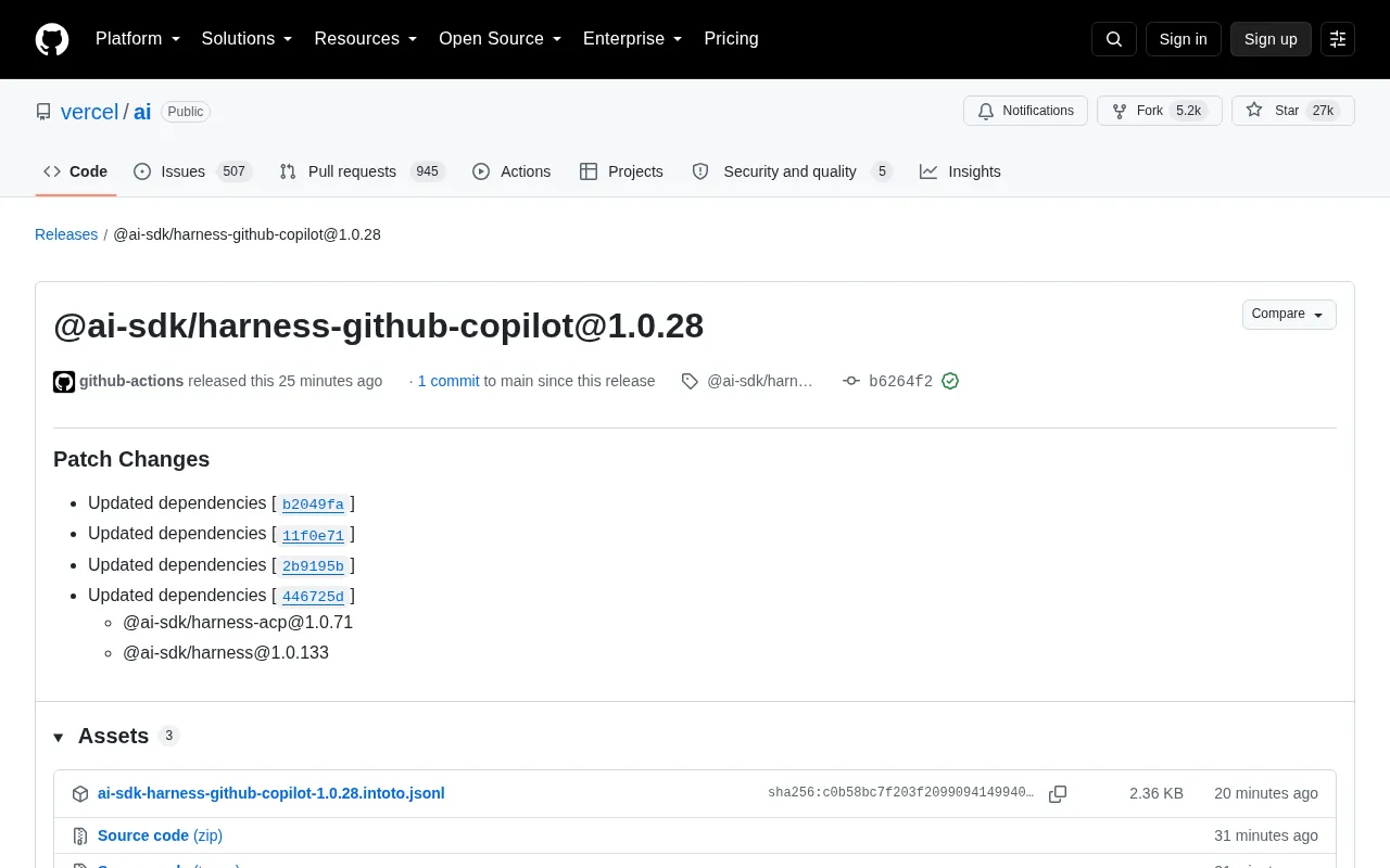 Vercel AI SDK Releases harness-github-copilot Patch Update