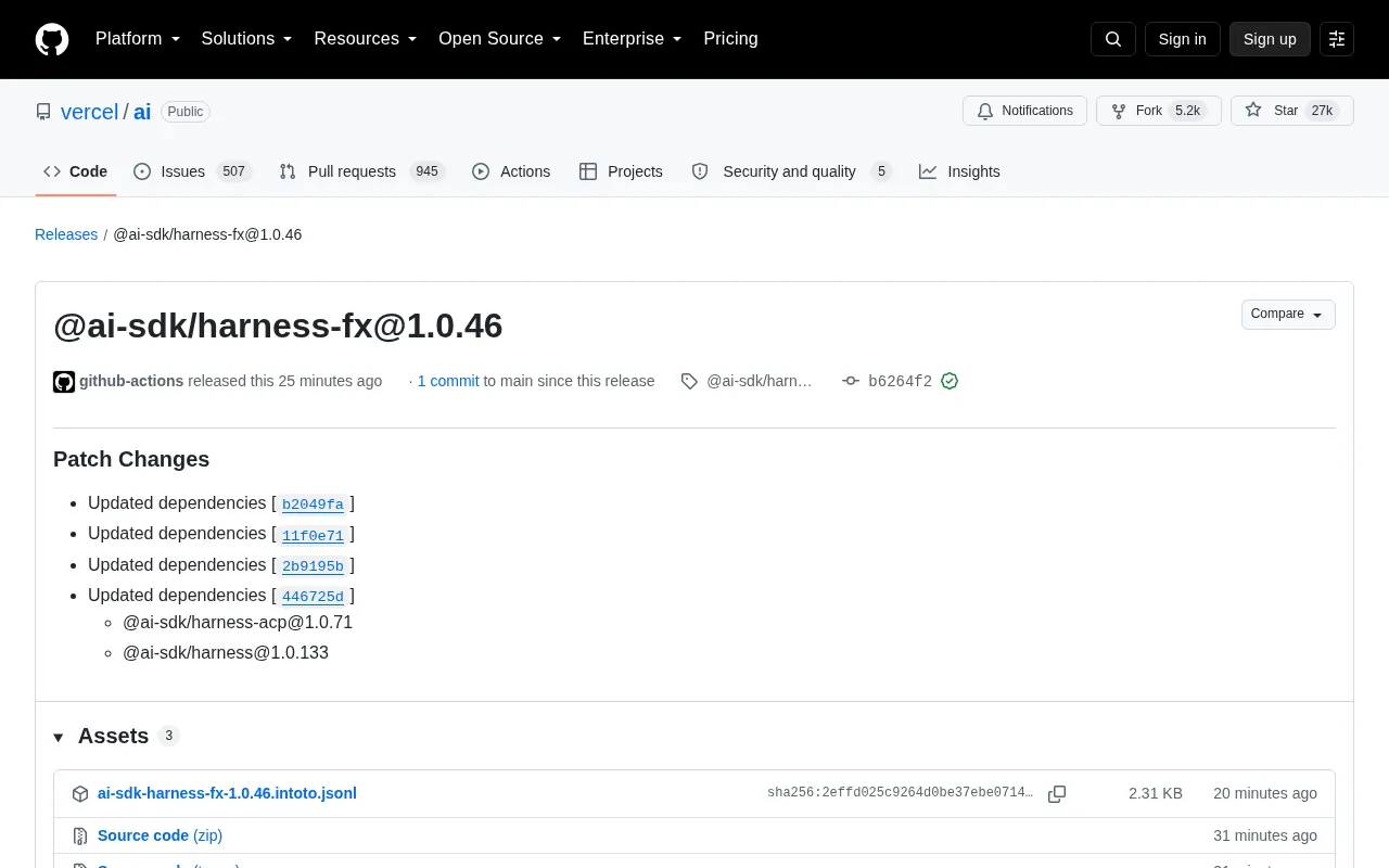 Vercel AI SDK Releases harness-fx 1.0.46 Patch Update