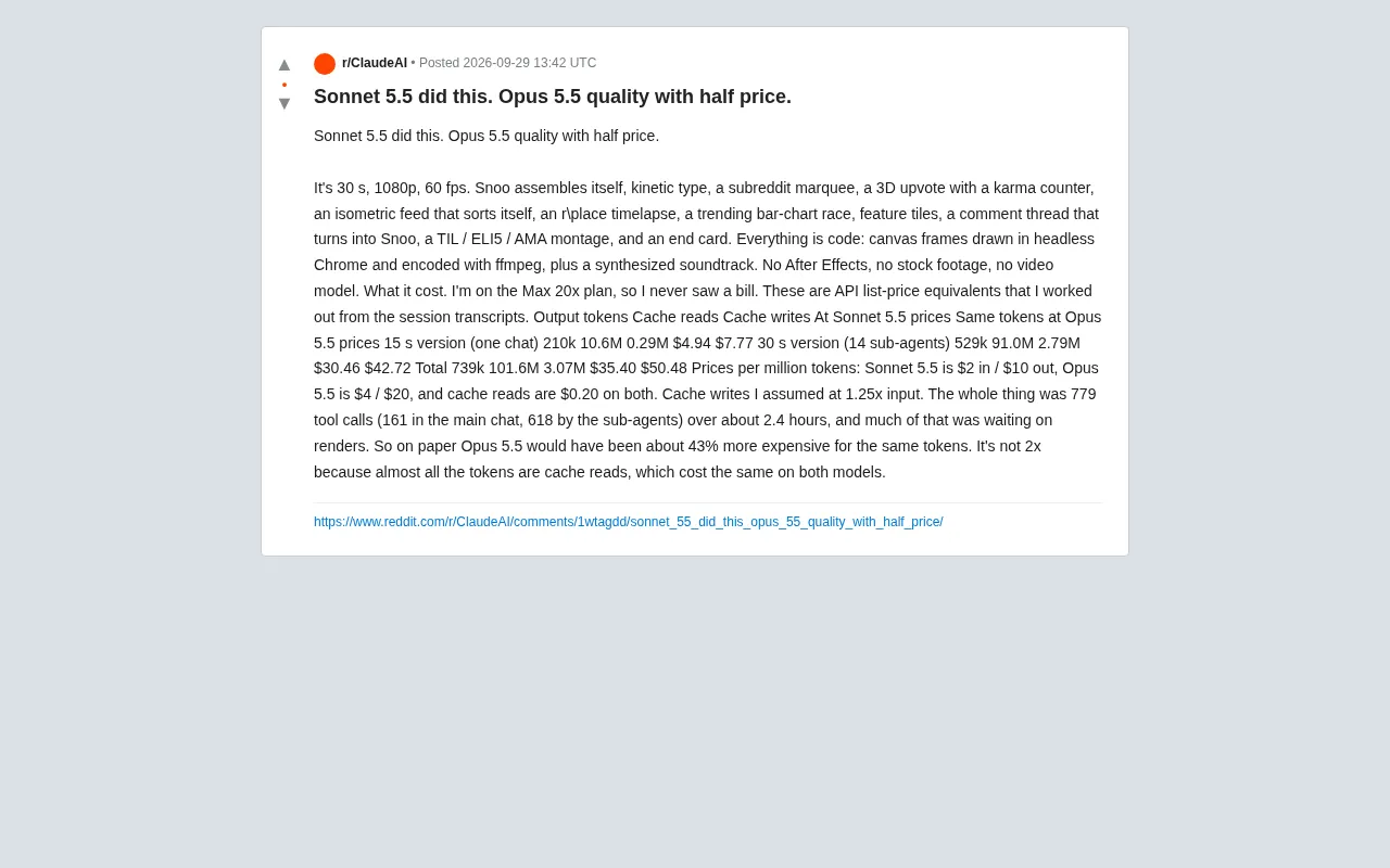 Sonnet 5.5 Real-World Test: Code-Generated Animation at Near Opus Quality for Half the Price
