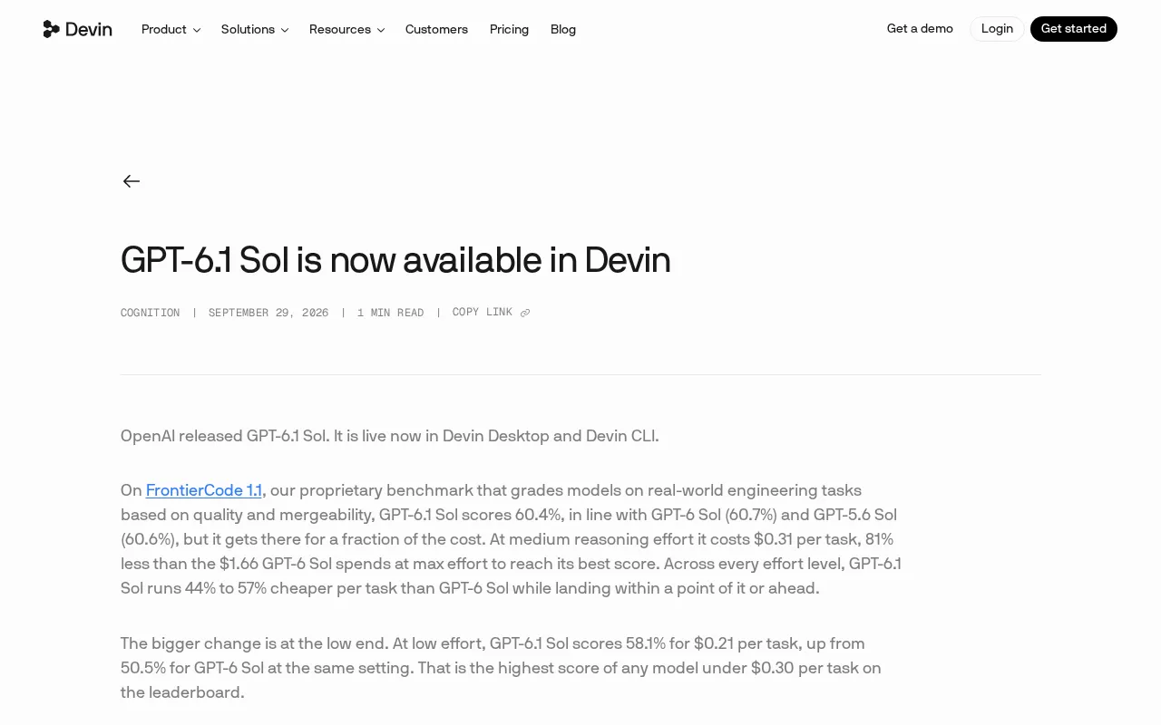 GPT-6.1 Sol Lands on Devin: Same List Price, 95% Drop in Cache Read Costs
