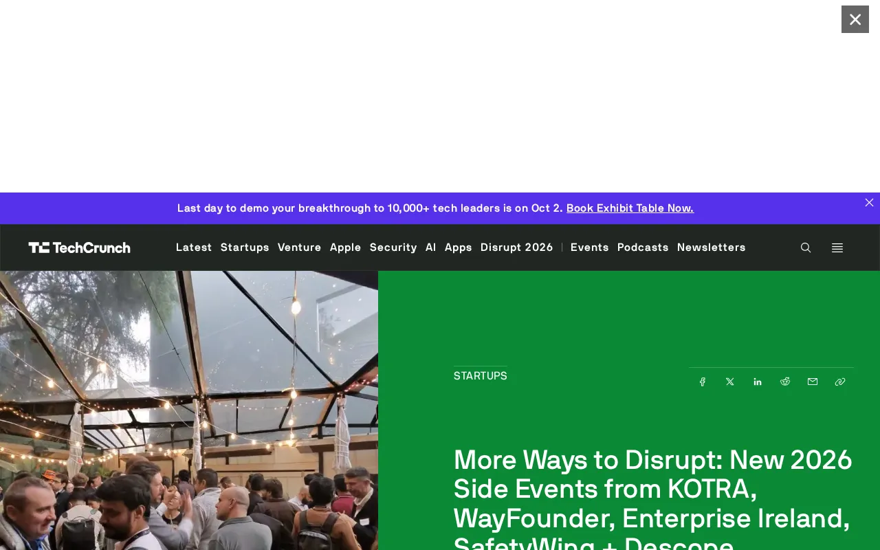 TechCrunch Disrupt 2026 Side Events Go Live: KOTRA, WayFounder, and More Join the Lineup