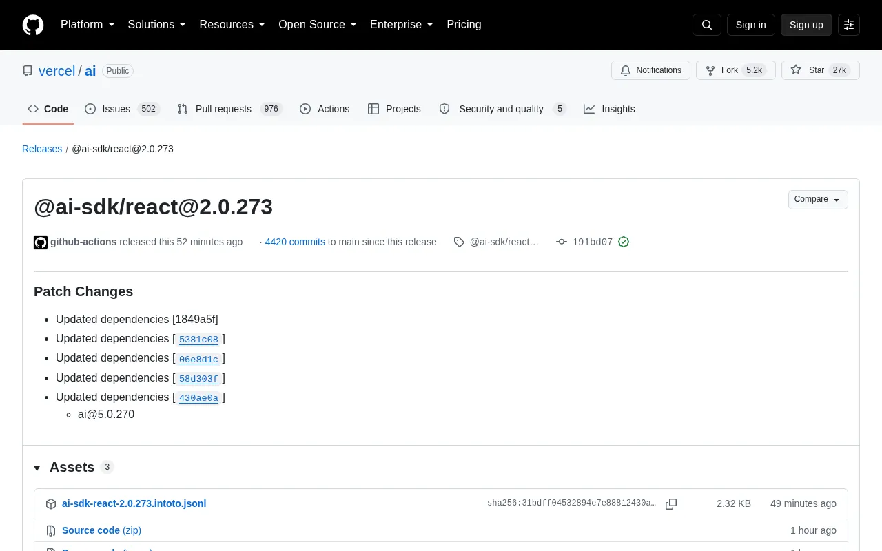Vercel AI SDK Releases @ai-sdk/react 2.0.273 Patch Update