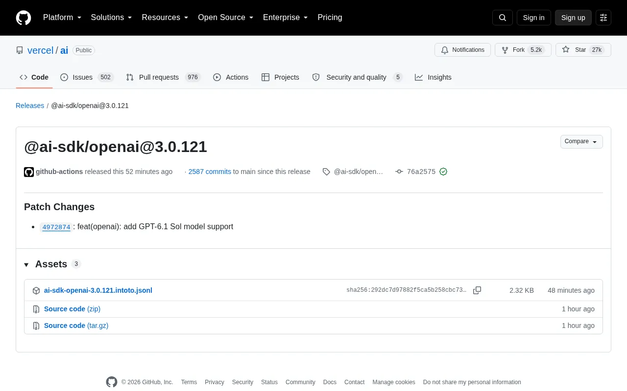 AI SDK OpenAI 3.0.121 Released: Adds GPT-6.1 Sol Model Support
