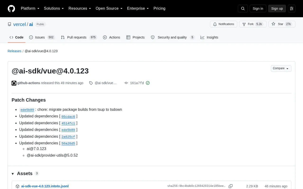 @ai-sdk/vue 4.0.123 Released: Build Tooling Migrated to tsdown