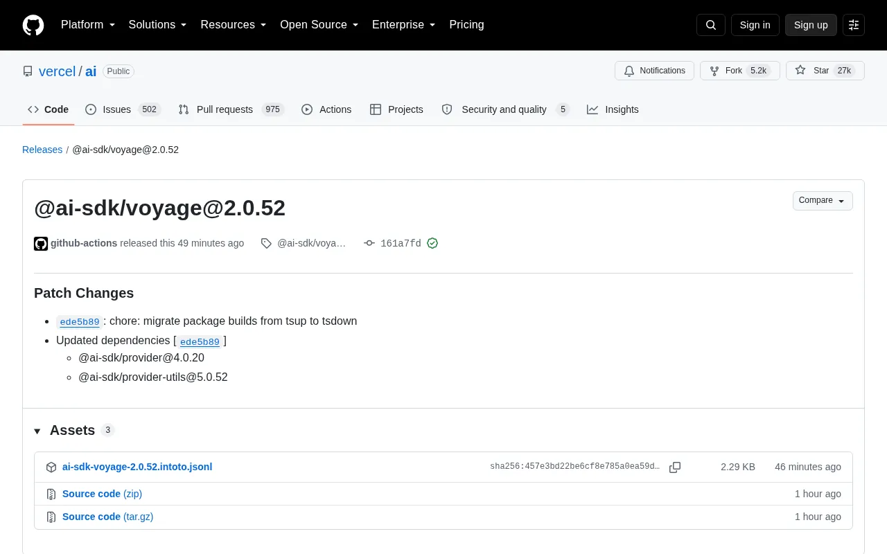 Vercel AI SDK Releases @ai-sdk/voyage@2.0.52: Build Migrated to tsdown