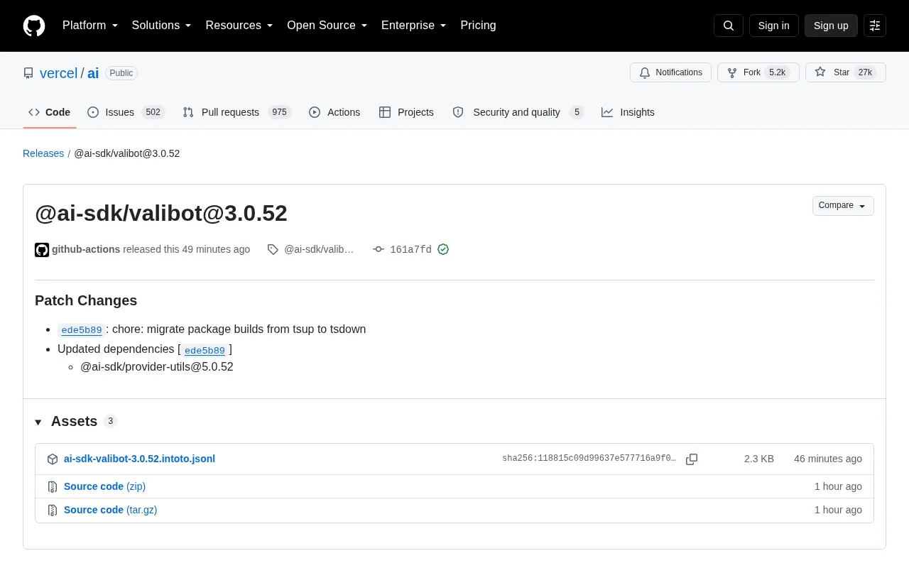 Vercel AI SDK Releases @ai-sdk/valibot@3.0.52 Patch Update