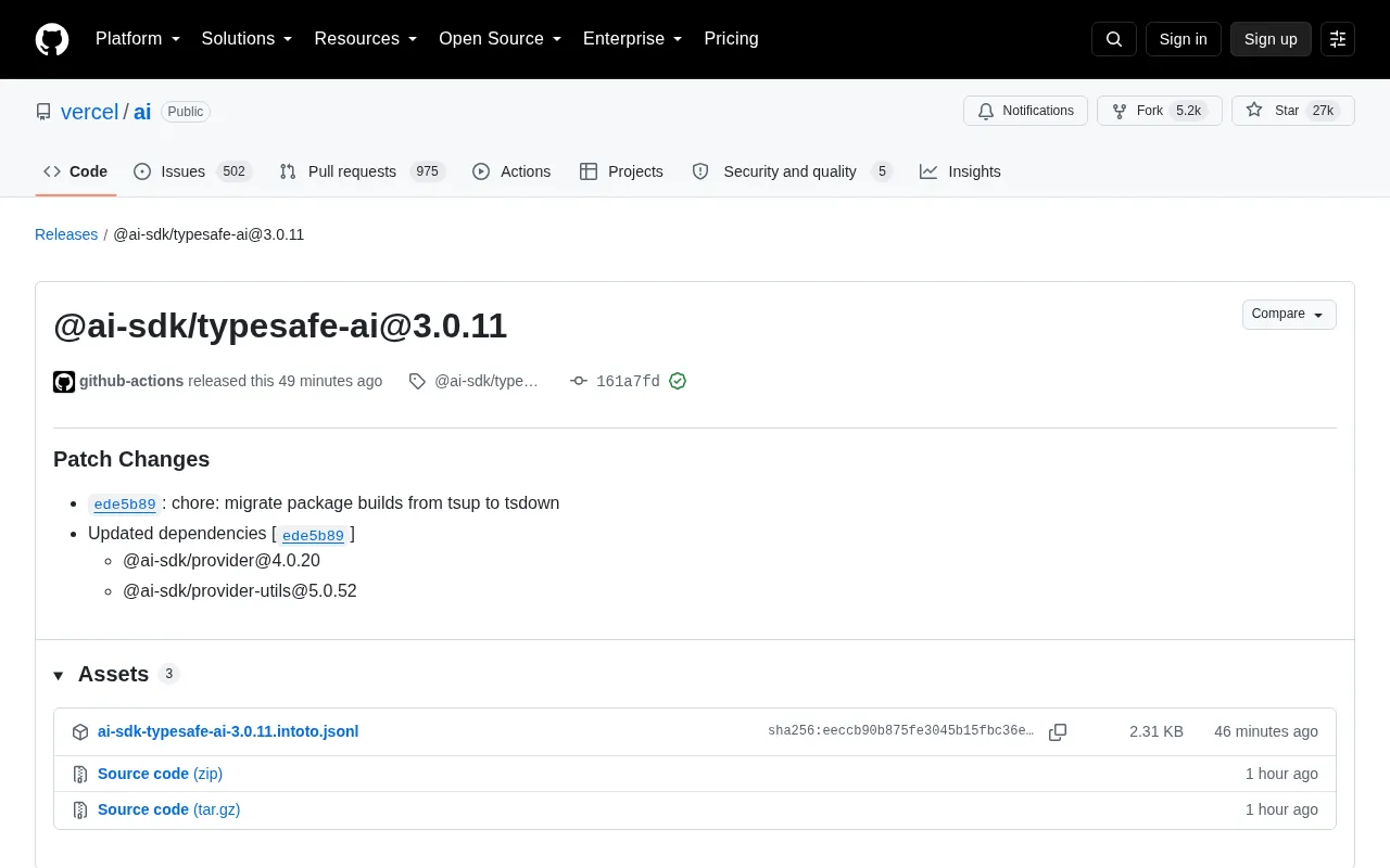 Vercel AI SDK Releases typesafe-ai 3.0.11: Build Tool Migration to tsdown