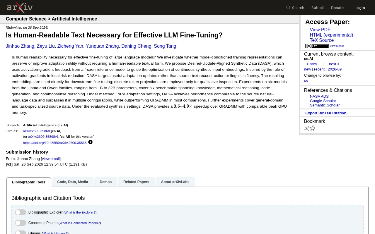 Does Fine-Tuning LLMs Still Require Human-Readable Text? DASA Says No