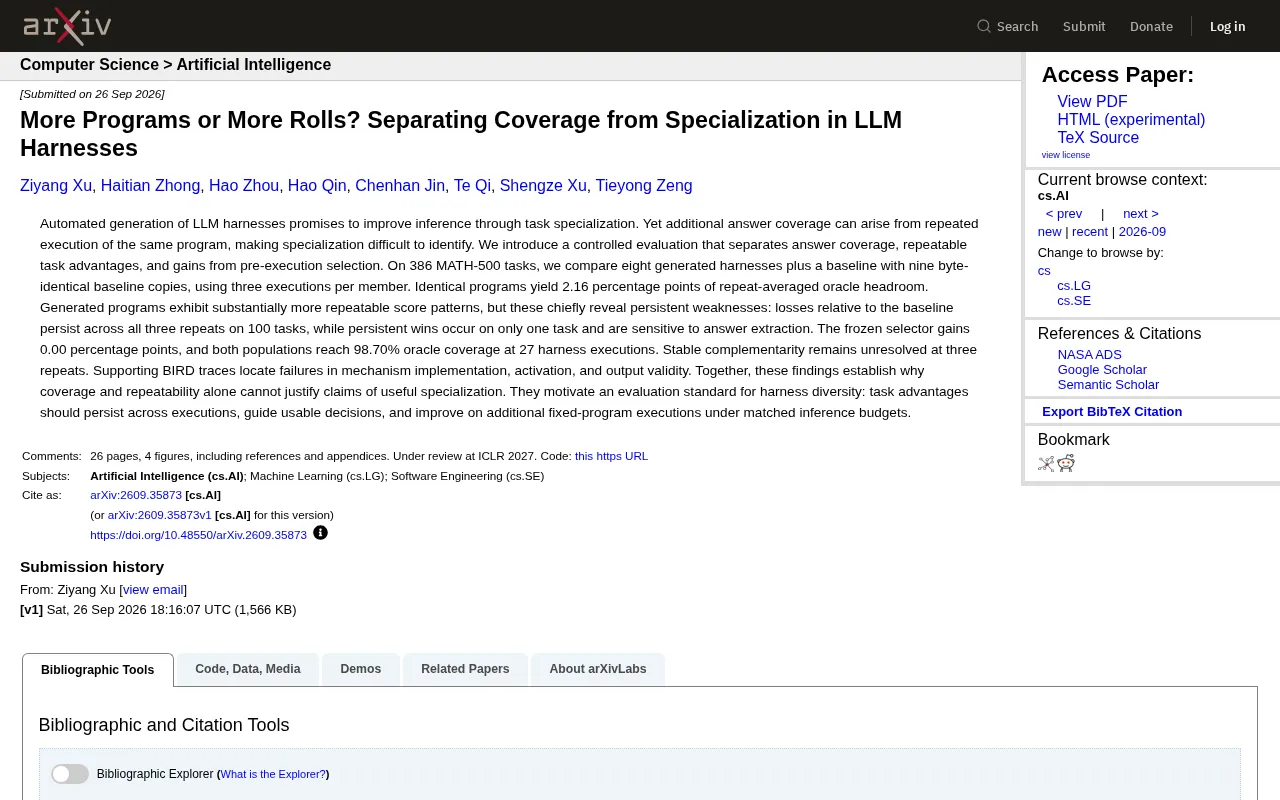 More Programs or More Repetitions? Decomposing Coverage and Specialization in LLM Harnesses