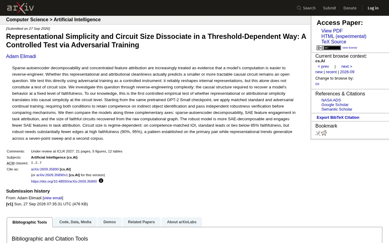 Representational Simplicity ≠ Smaller Circuits: Adversarial Training Reveals a Faithfulness Threshold in Interpretability