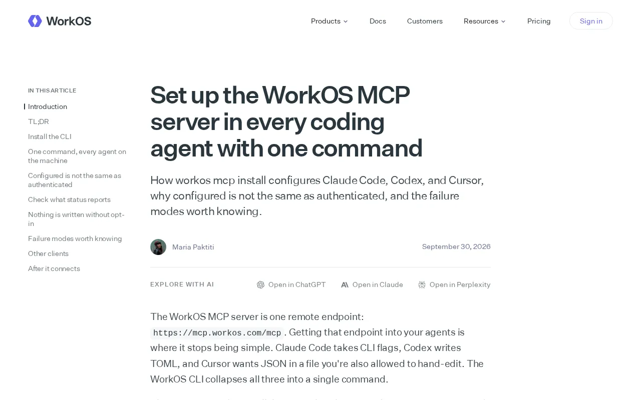 rss source: Set up the WorkOS MCP server in every coding agent with one command