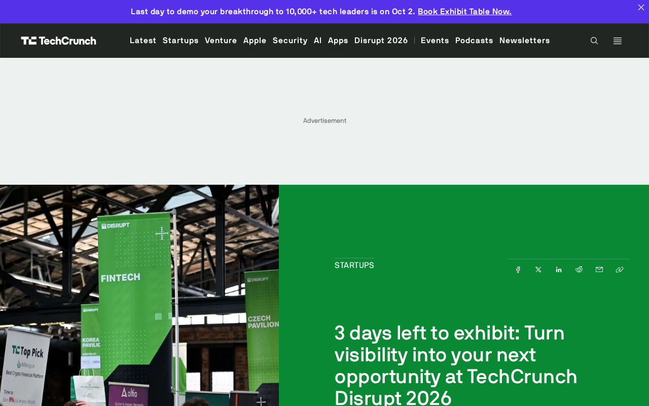 TechCrunch Disrupt 2026 展位报名倒计时3天