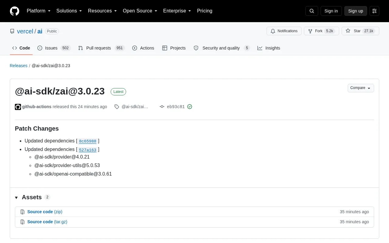 Vercel AI SDK Releases @ai-sdk/zai@3.0.23 Patch Update